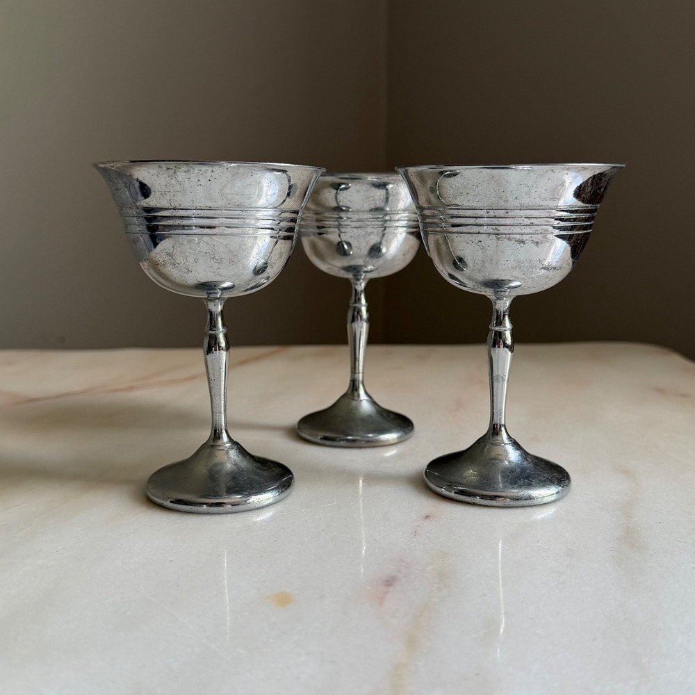 Vintage Silver Plated Cordial Glasses Set of 3 Mini Aperitif Goblets 4.5 Inch‎